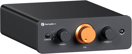 Fosi Audio P4 Mini Voorversterker met 3 RCA-ingangen, Preamp voor Versterkers/Actieve Subwoofers/Luidsprekers, 3-traps instelbare versterking (3/6/9 dB) en bass/treble-regeling, V3-afgeleid ontwerp