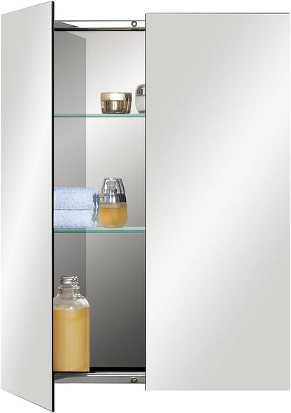 Fundin Roestvrijstalen badkamerspiegelkast met dubbele deuren, verstelbare planken van gehard glas, opbouwmontage, 50 cm B x 65 cm H, spiegelafwerking