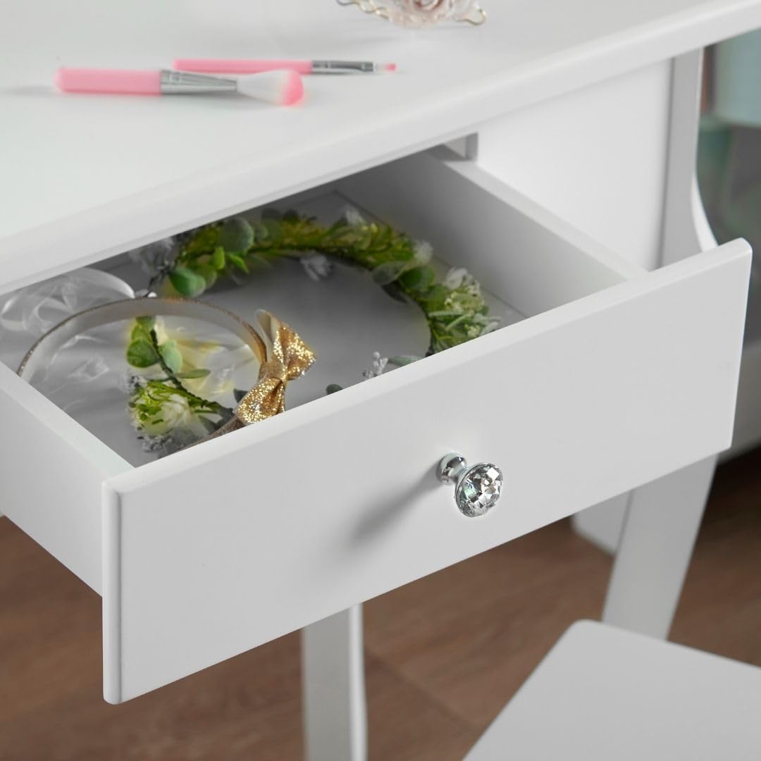 Runesol Meisjes Kaptafel met Spiegel en Krukje, Childrens White Wooden Kids Vanity Table met Kristallen Knoppen Childs Dressing Table Set voor een Kind, Kinderen in de leeftijd van (8-13)