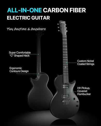 Enya Nova Go Sonic elektrische gitaar - Zwart Slimme elektrische gitaar van koolstofvezel met 10W draadloze luidspreker, geïntegreerde presets, oplaadkabel, instelsleutel en gigbag