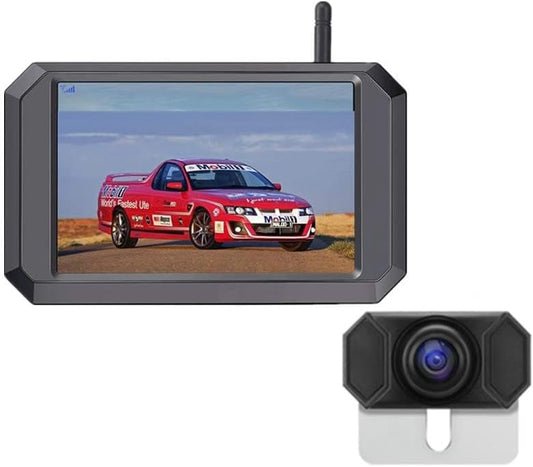 OBEST Digitale draadloze achteruitrijcamera-kit, 5 inch 1080p scherm en waterdichte nachtzichtcamera met spiegelomkering en parkeerassistent voor 9-28 V