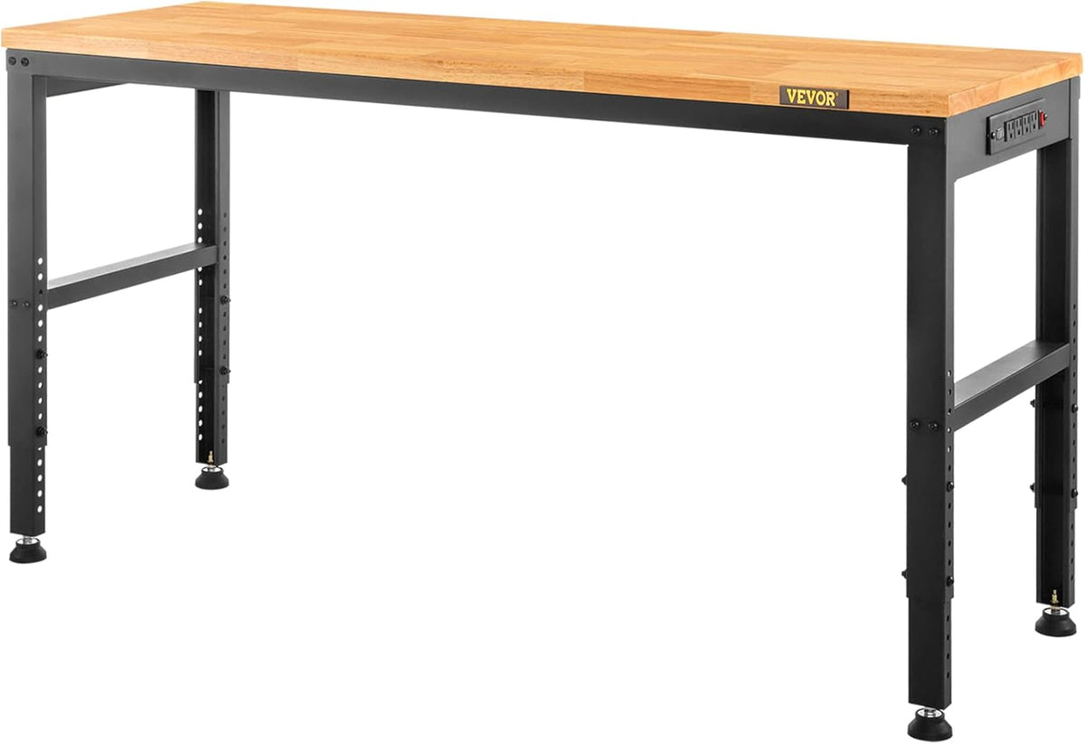 VEVOR Workbench 1550 x 508 mm Workshop Table, Height Adjustable 688-910 mm, Capacity 900 kg, Includes Power Connections, Hardwood Surface, Metal Frame and Foot Pads, Ideal for Garage,