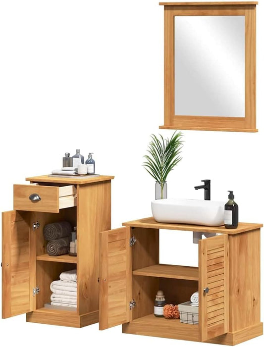 vidaXL Bathroom Storage Set Honey Brown Washbasin Cabinet Mirror Cabinet Rustic Style Solid Pine Wood 37 x 34 x 80 cm Spacious Wall Mounted Heat Resistant Antique Metal Knobs For Indoor Use Only - QUORE