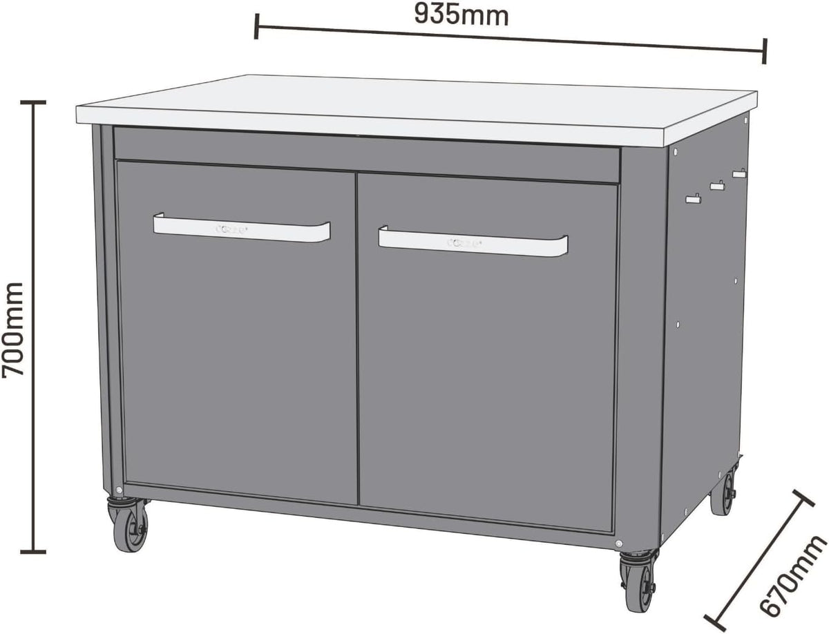 Cozze | Low outdoor kitchen H70 cm with stainless steel worktop | Ideal height for plancha | 2 doors | 2 shelves | 6 hooks | 4 wheels Ø75 mm | Powder coated steel | Load capacity 100 kg - QUORE