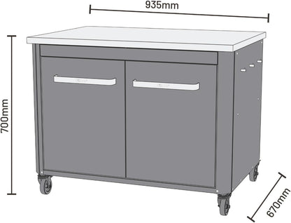 Cozze | Low outdoor kitchen H70 cm with stainless steel worktop | Ideal height for plancha | 2 doors | 2 shelves | 6 hooks | 4 wheels Ø75 mm | Powder coated steel | Load capacity 100 kg - QUORE
