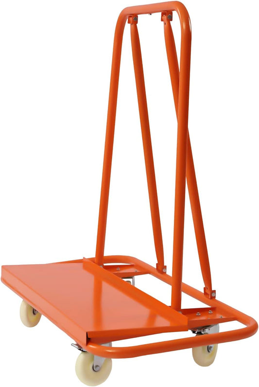 Plattekar – Plattewagen – Vervoerskar – Trolley – Transportkar – In hoogte verstelbaar – Draagvermogen 1200 kg – 4 Zwenkwielen Met Remmen – Stalen Driehoekconstructie – Oranje