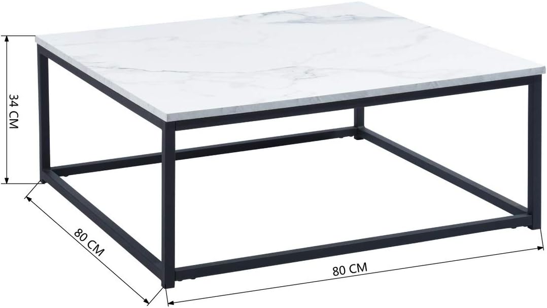 MEUBLE COSY Koffietafels met imitatie marmer-look, moderne vierkante woonkamertafel, met stalen frame, bijzettafel, metaal, zwart, 80x80x34cm