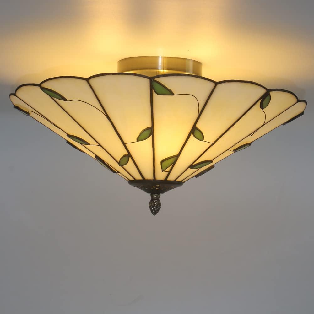 16 Inch Vintage Leaf Tiffany Style Ceiling Light Stained Glass Ceiling Lamp Flush Mount Ceiling Lighting Fixtures Lamps (40CM Leaf A)
