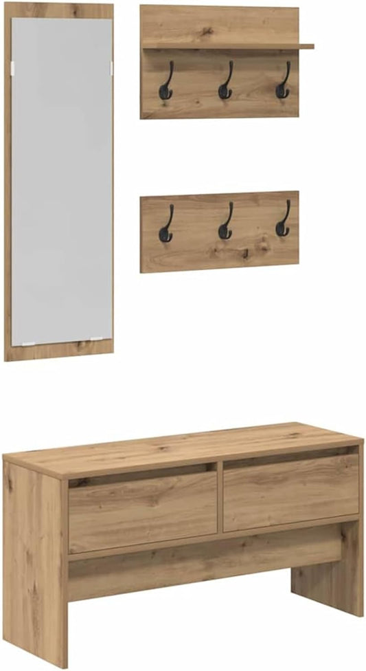 Gecheer Set of 4 Storage Bench Mirror Hooks Black Oak 90 x 31 x 46.5 cm for Hallway Living Room - QUORE