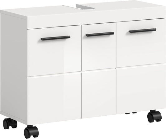 xonox.home – Wastafelonderkast Nova op wielen 80 x 58 x 30 cm in wit hoogglans – grote badkamerkast met 3 deuren, 3 planken en 6 vakken – veel opbergruimte op wielen, stijlvol en bijzonder