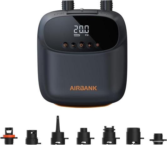 AIRBANK Paddle Board-pomp Elektrisch 20PSI The Puffer Pro, draagbare SUP-pomp, tweetraps inflatie en automatische uitschakeling luchtpomp voor kajak, opblaasboten, boten, tent, matras, vliegervleugels