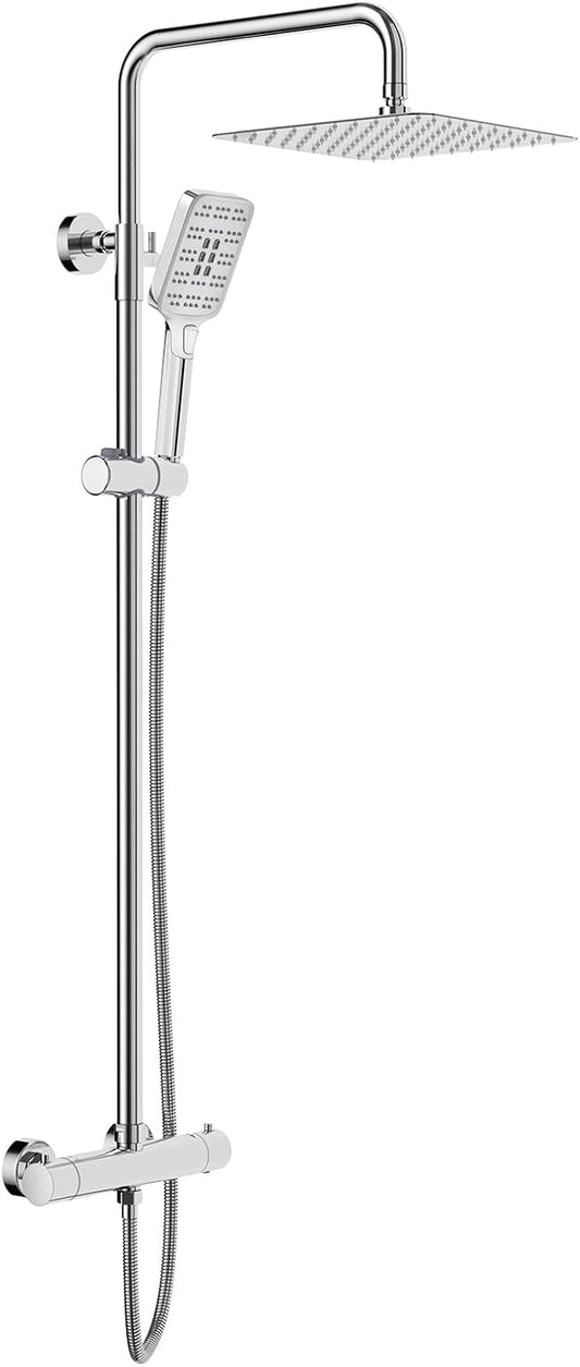 Doucheset – Douchekop – Regendouche – Douchesysteem – Thermostaatkraan – Vierkante Regendouche 25x25 cm – Roestvrijstalen Douchestang Verstelbaar 92-126 cm