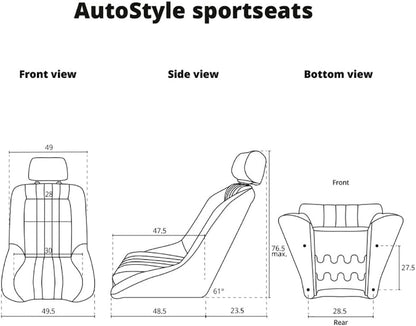 AutoStyle Sportstoel 'Classic' - Zwart Kunstleder - Vaste rugleuning + Hoofdsteun - incl. sledes
