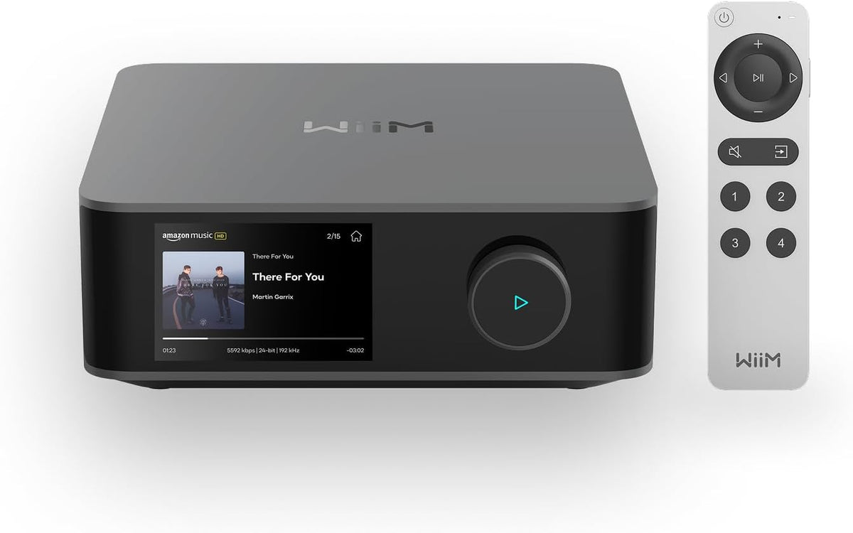 WiiM Amp Ultra met Voice Remote 2 | 100W streamingversterker met ESS ES9039Q2M DAC & Dual TI TPA3255 versterkers | Ingebouwde RoomFit EQ & Touchscreen | HDMI ARC, Optische & RCA-ingangen | Space Grijs