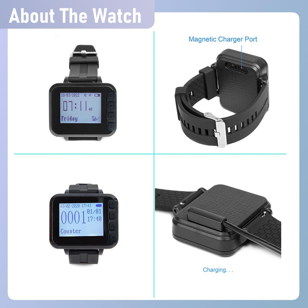 Restaurant Pager Systeem met 1 Call Keypad en 5 Watch Display Receiver, Wireless Calling System, Geschikt voor Keuken Paging Ober, Cook Druk om Oproep Ober om gerechten te nemen