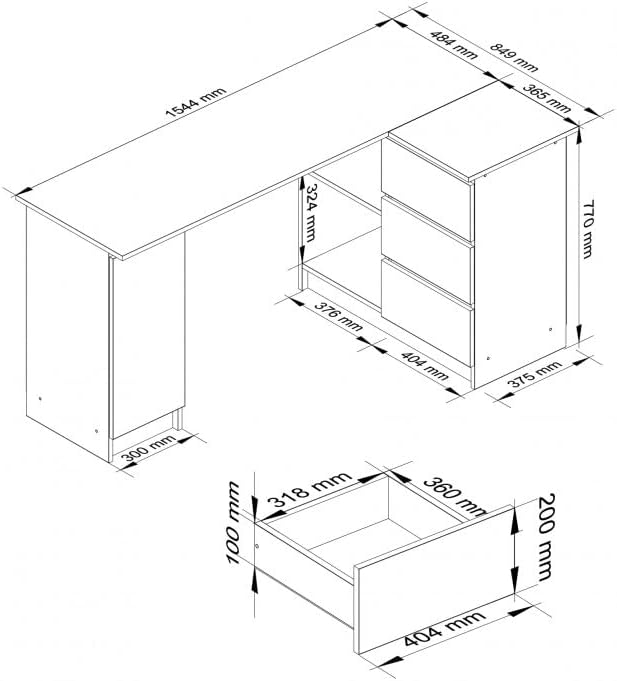 AKORD B-20 Corner Desk with 3 Drawers, 2 Shelves and a Door for Home and Office, 155 x 77 x 85 cm, 60 kg, White and Graphite Grey for - QUORE