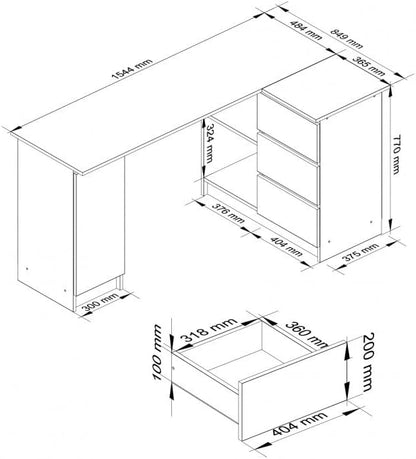 AKORD B-20 Corner Desk with 3 Drawers, 2 Shelves and a Door for Home and Office, 155 x 77 x 85 cm, 60 kg, White and Graphite Grey for - QUORE