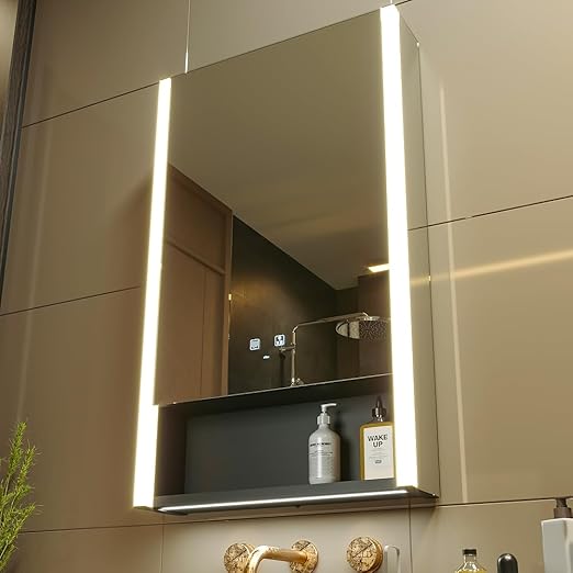 KWW LED Illuminated Bathroom Cabinet with Mirror, Colour Temperature Adjustable, Anti-Fog Dimmable Lamps, Sockets for USB (55 x 80 cm) - QUORE