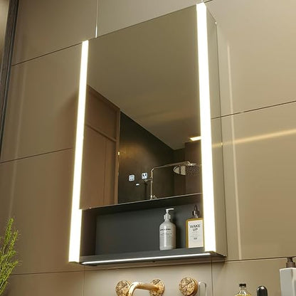 KWW LED Illuminated Bathroom Cabinet with Mirror, Colour Temperature Adjustable, Anti-Fog Dimmable Lamps, Sockets for USB (55 x 80 cm) - QUORE