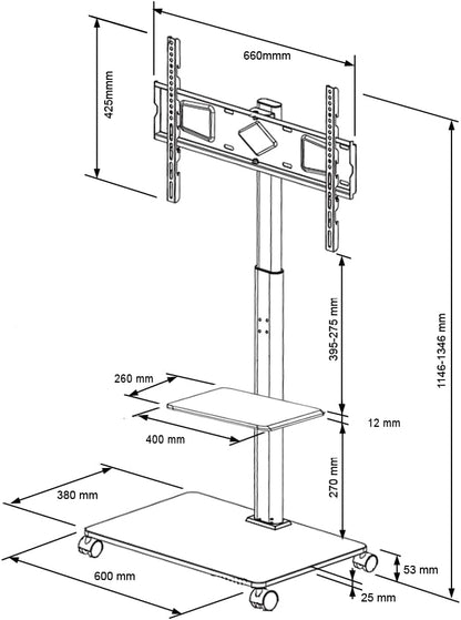 Mobiele TV-Standaard Zwart – TV-Vloerstandaard, TV-Statief, TV-Trolley, TV-Onderstel – Met Opbergruimte – Geschikt Voor 32-70 Inch, 45 Kg