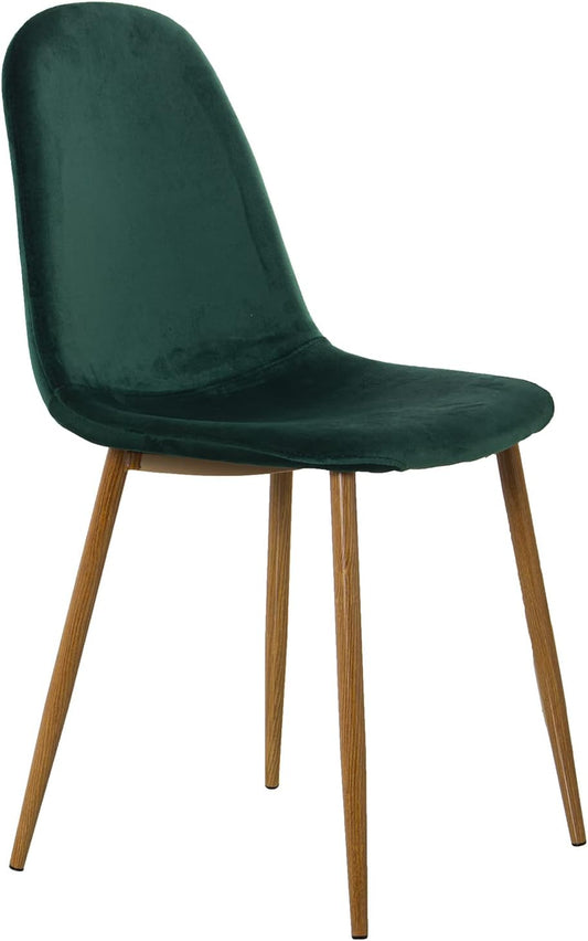 DRW Set van 4 stoelen, fluweel en poten van metaal, houtlook, groen en hout, 44,5 x 47 x 89 cm, zitvlak 47 cm