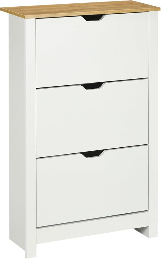 HOMCOM Shoe Cabinet Shoe Rack with 3 Flaps for 18 Pairs of Shoes - Space Saving Shoe Stand for Hallway, Entrance - White+Natural - 72 x 26 x 112 cm - QUORE