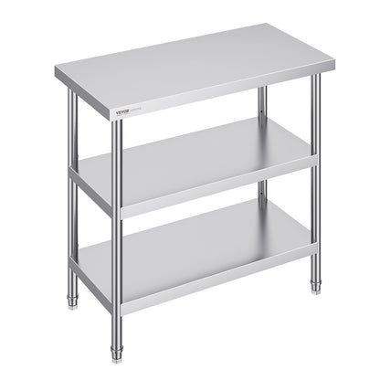 VEVOR Stainless Steel Food Preparation Table, 45 x 90 x 90 cm, Commercial Kitchen Work Table, with 2 Adjustable Bottom Shelf, Heavy Duty Metal Work Table for Barbecue, Kitchen, Home and Garage