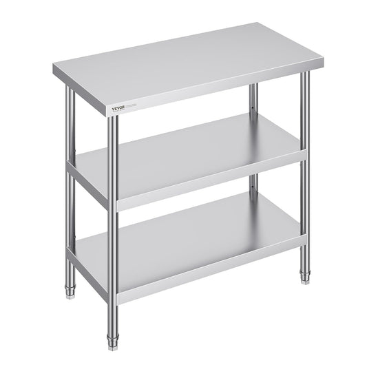 VEVOR Roestvrijstalen voedselbereidingstafel, 45 x 90 x 90 cm, commerciële keukenwerktafel, keukentafel, met 2 verstelbare onderplank, zware metalen werktafel voor barbecue, keuken, huis en garage