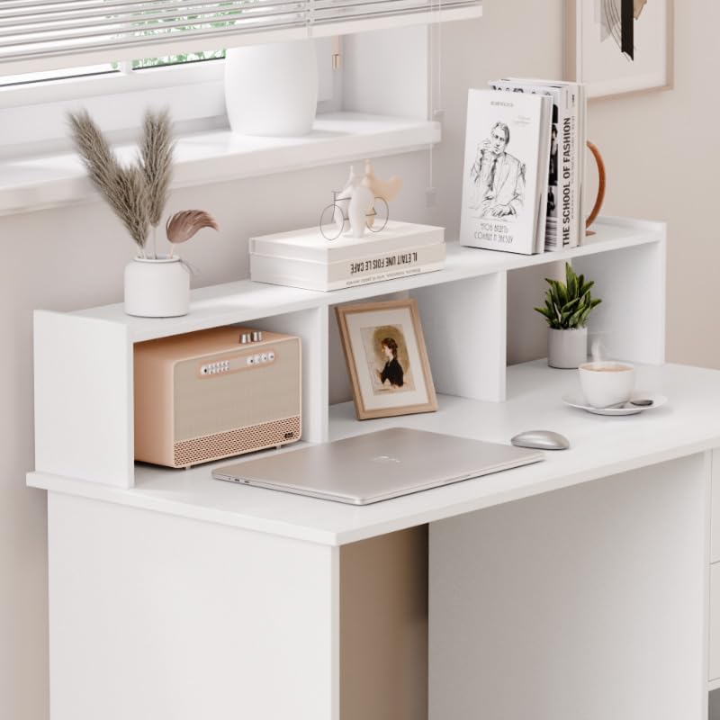 Mondeer Wit computerbureau met 2 laden en opbergplanken, 105 x 48 x 94 cm, laptop studeertafel voor kleine ruimte thuiskantoor werkstation