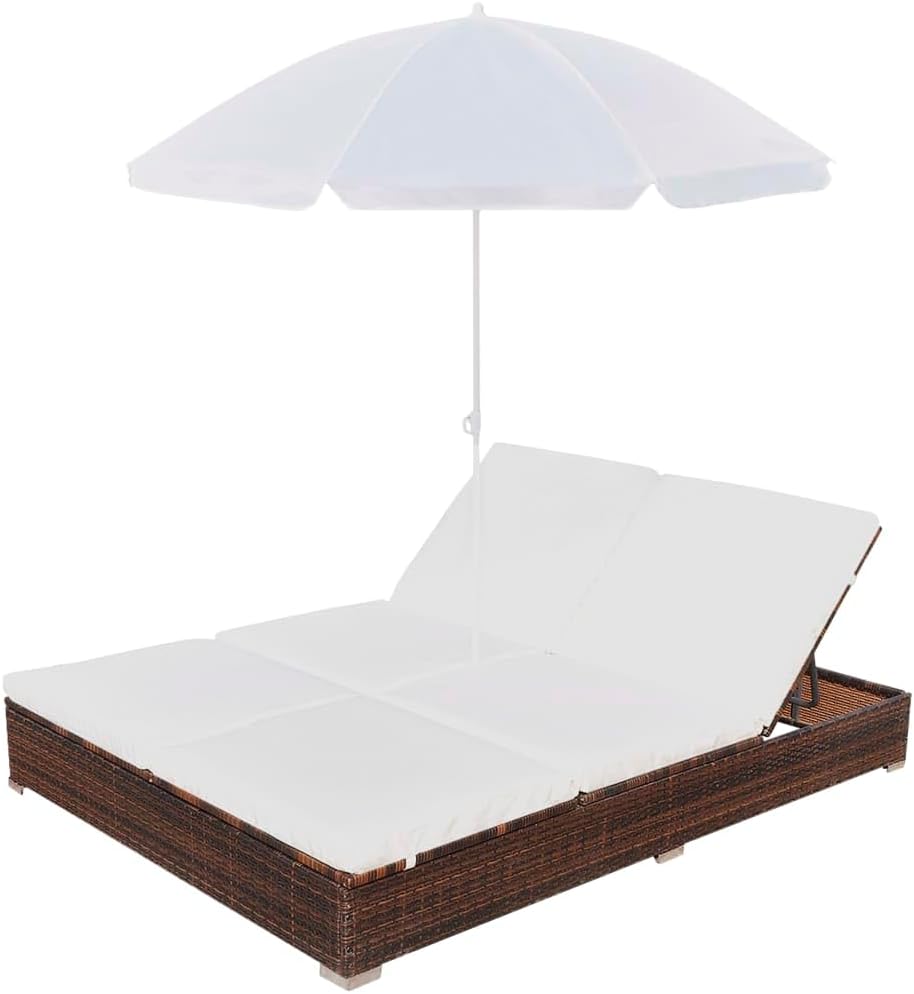 vidaXL Lounge Bed with Parasol Sun Lounger Garden Bed Chair Lounger Garden Furniture Outdoor Furniture Furniture Garden Lounge Furniture Poly Rattan Brown - QUORE