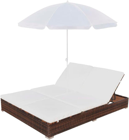 vidaXL Lounge Bed with Parasol Sun Lounger Garden Bed Chair Lounger Garden Furniture Outdoor Furniture Furniture Garden Lounge Furniture Poly Rattan Brown - QUORE