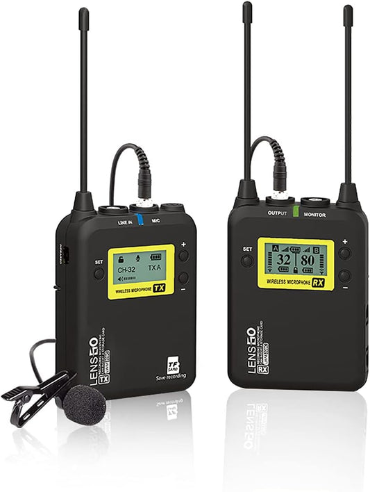 Draadloos Microfoonsysteem – Draadloze Reversmicrofoon – Lavalier Microfoon – Clipmicrofoon – 1 Zender En 1 Ontvanger – 99 UHF Kanalen – Bereik Tot 150 Meter