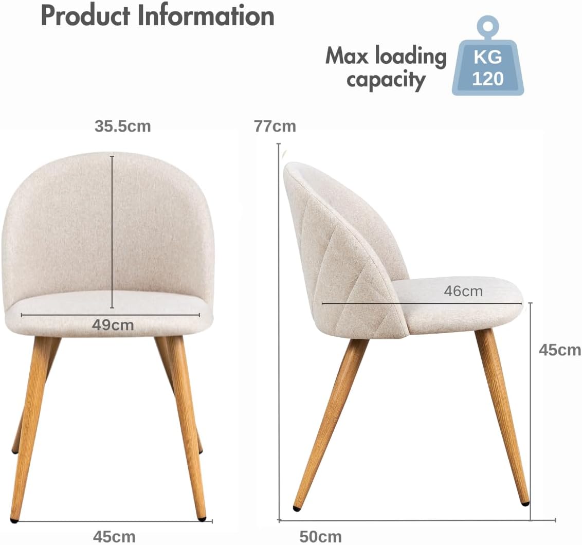 FurnitureR Set van 4 moderne eetkamerstoelen in schelpvorm, zachte beige stof met metalen poten, elegante keukenstoelen