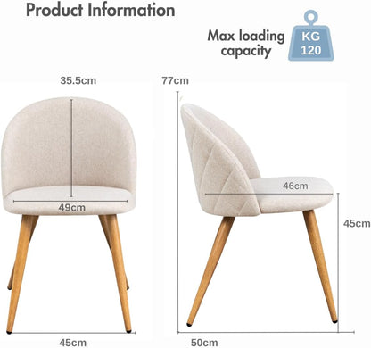 FurnitureR Set van 4 moderne eetkamerstoelen in schelpvorm, zachte beige stof met metalen poten, elegante keukenstoelen