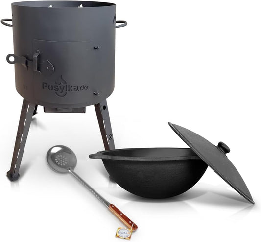 kazan Dutch Oven with Cast Iron Pan, Round Bottom with Lid (12 Litres), KazanoFF, Outdoor, Fire Bowl, Camping - QUORE