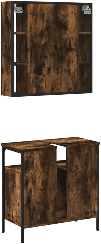 vidaXL 2 Piece Bathroom Furniture Set Decorated Wood Smoked Oak, Bathroom Set, Bathroom Cabinet, Bathroom Unit, Washbasin, Bathroom Cabinet