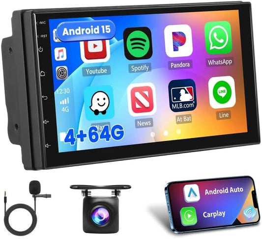 Hikity 4 + 64 GB Android autoradio, Double Din 7 inch touchscreen, Carplay Android autoradio met GPS-navigatie/mirror Link/Bluetooth/DSP+AHD achteruitrijcamera