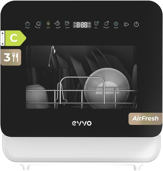 EVVO Mini D Trip 3 Compacte vaatwasser, 3 couverts, energieklasse C, 6 programma's, extra Air Fresh, led-touch-paneel, startvoorkeuze, geen installatie