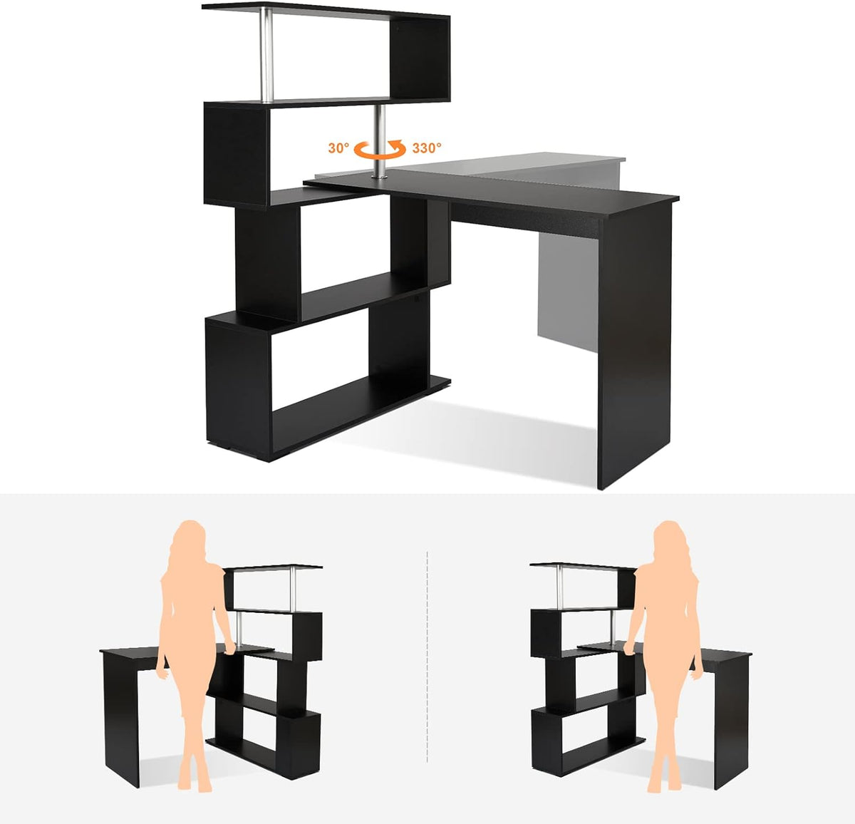 Meerveil Computertafel, L-vormig, hoekbureau, met 360 graden draaibare boekenkast voor werkkamer, woonkamer, kantoor, 157 x 45 x 130,5 cm, zwart