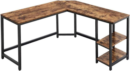 BAKAJI L-vormig hoekbureau met boekenkast met 2 planken, werktafel voor pc, frame van zwart metaal en tafelblad van hout in antieke look, kantoorinrichting, industriële stijl