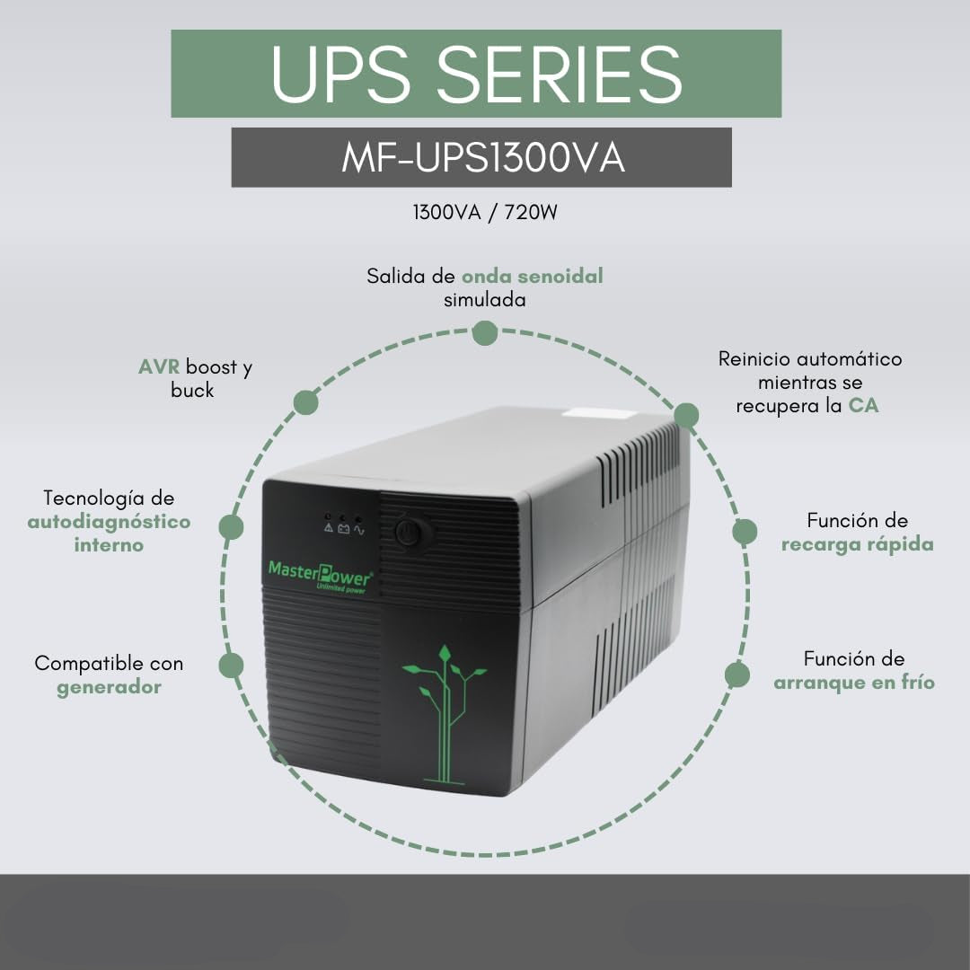 Master Power UV, ononderbroken voeding, UPS 1300 VA, constante uitgangsspanning 720 W, 4 geaarde stopcontacten