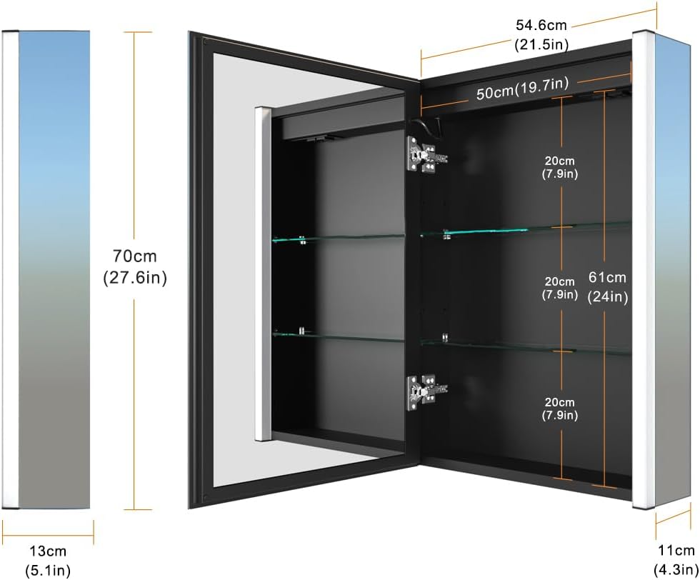 Badkamerspiegel – Spiegelkast – Spiegelwandkast – Led Spiegel – Badkamerkast – Verlichte Spiegelkast – Dimbaar Licht & Anti-Condens – 55x70 cm – USB Stopcontacten - QUORE
