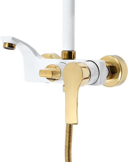 OUKANING Shower Faucet with Rain Shower, Brass Stainless Steel and ABS, Shower System Shower Set, 3 Water Outlet Modes, Indoor Housewarming Gift (White, Gold) - QUORE