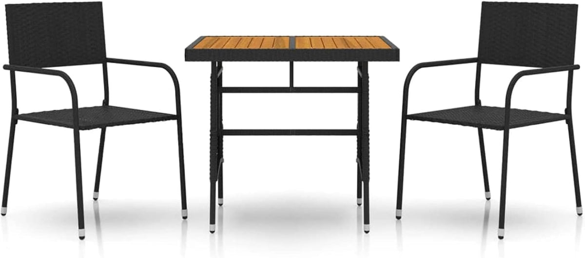 Tidyard 3-Piece Dining Set for Garden Outdoor Dining Room Set Black Poly Rattan Wood Rattan Table and Garden Chairs Set for Table and Chairs Square Wood and 2 Garden Chairs - QUORE