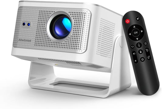 Alwtniet Draagbare beamer, 4K, 8K, Native Full HD, 1080P, mini-projector, Android 14, WiFi 6, Bluetooth 5.4, autofocus, 6D, autofocus, 180°-rotatie, voor thuisbioscoop, smart-tv, zeer korte opname