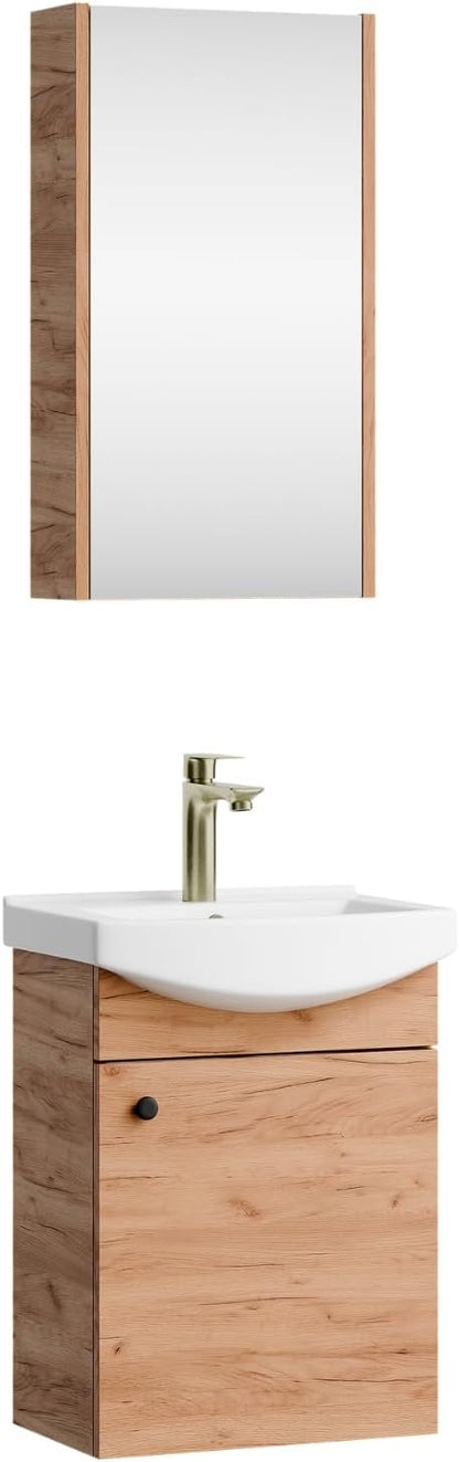 Planetmöbel bathroom cabinet set Washbasin with vanity unit 45 x 60 x 33 cm with mirror cabinet 40 cm for bathroom & guest toilet, gold oak - QUORE