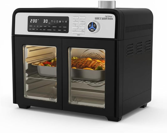 CHEF -O- MATIC Doble Door - dubbele deur friteuse en oven, 28 L,18 programma's, 1700 W, binnengrill, broodrooster, draaispies, voedseldrager, LCD-scherm