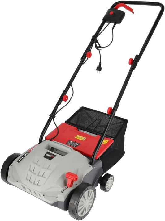 DEDRA verticuteer/gazonventilator, elektrische aandrijving, sterk 1500 W, 3000 omw/min, 32 cm werkbreedte, laag geluidsniveau, opvangzak van 30 liter, met diepteverstelling