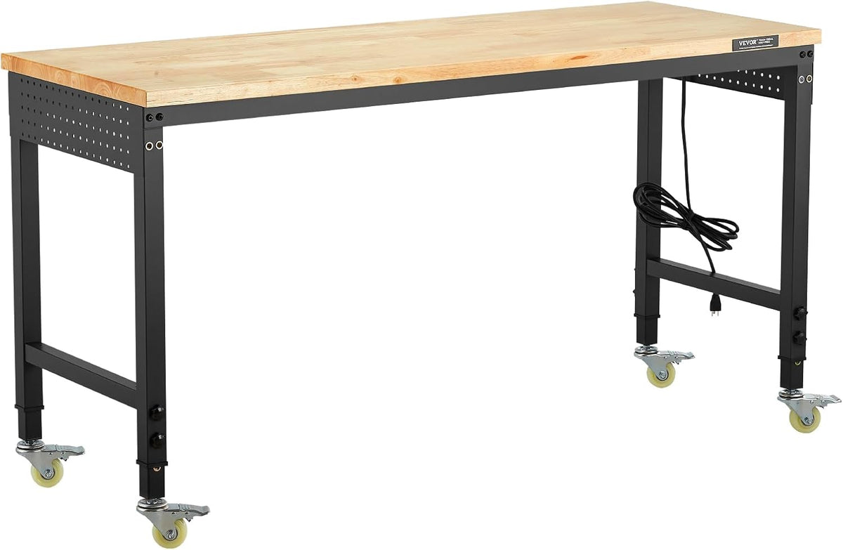 VEVOR 60 Inch Adjustable Workbench, 900 kg Load, Workbench with Socket, Wheels and Pegboard, Heavy Duty Oak Work Table for Garage, Workshop, Office and Home