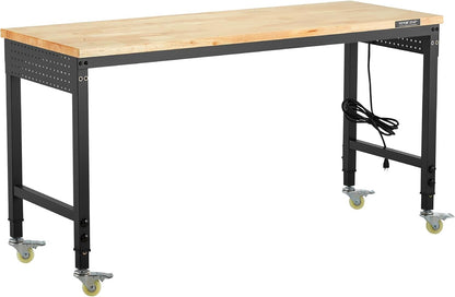 VEVOR 60 Inch Adjustable Workbench, 900 kg Load, Workbench with Socket, Wheels and Pegboard, Heavy Duty Oak Work Table for Garage, Workshop, Office and Home